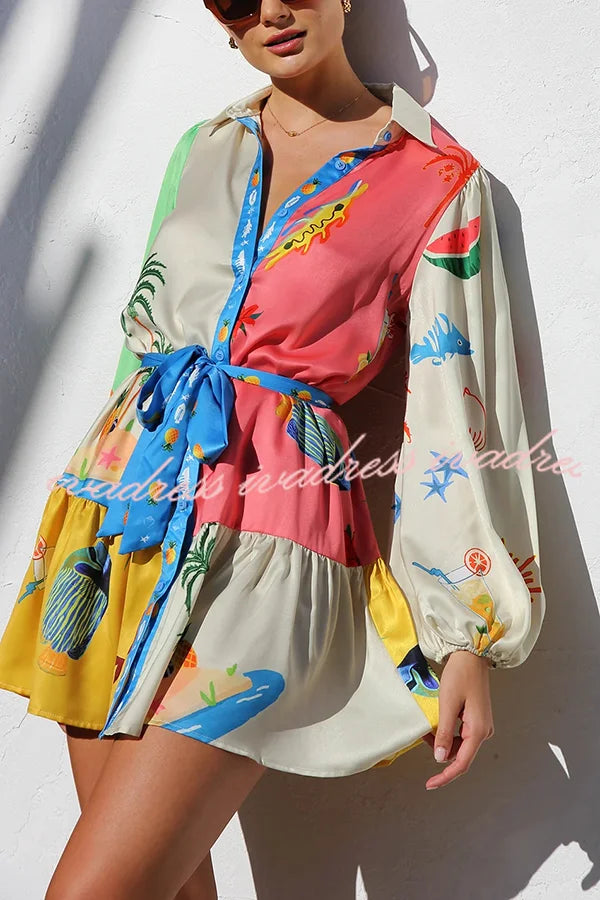 Summer Unique Printed Shirt Collar Lantern Sleeves Waist Tie Mini Dress