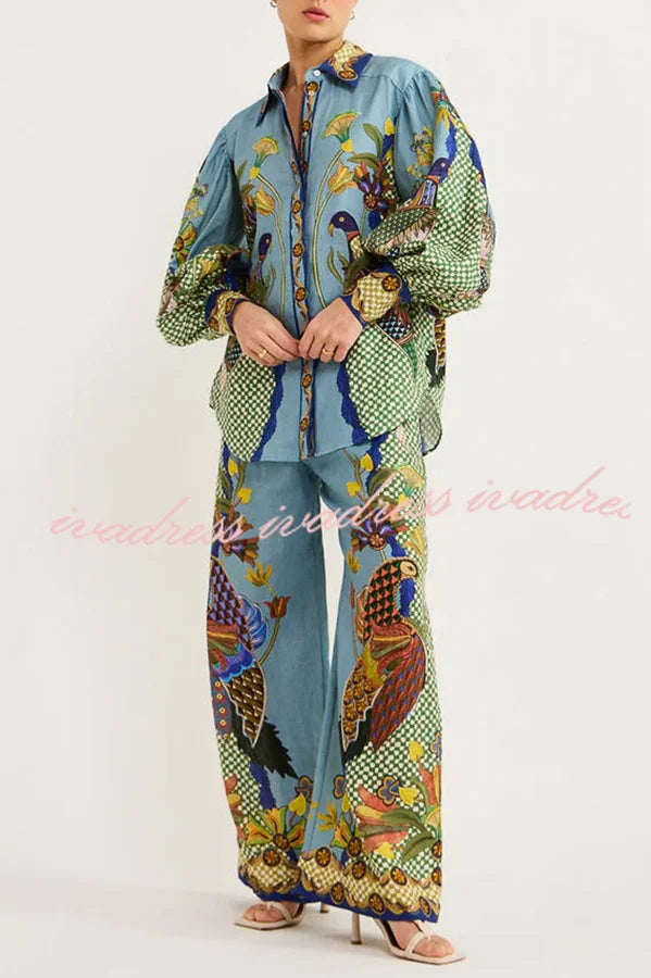 Sun Seeking Unique Heaven Bird Print Balloon Sleeve Button Loose Shirt