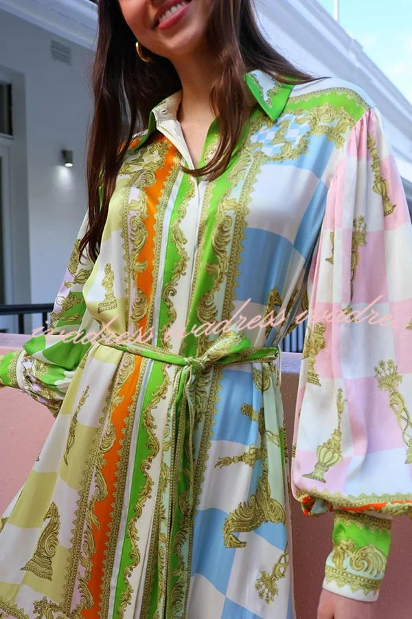 Garden Party Satin Unique Print Balloon Sleeve Belted Shirt Maxi Dress