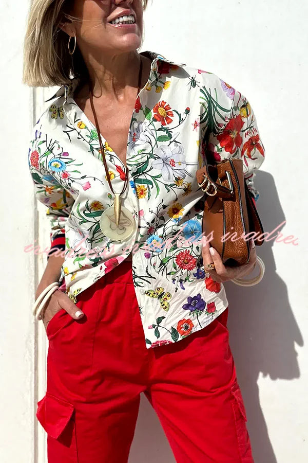 Fabulous Fiesta Satin Floral Unique Print Button Down Oversized Blouse