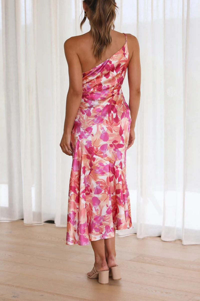 Floral One Shoulder Satin Dress