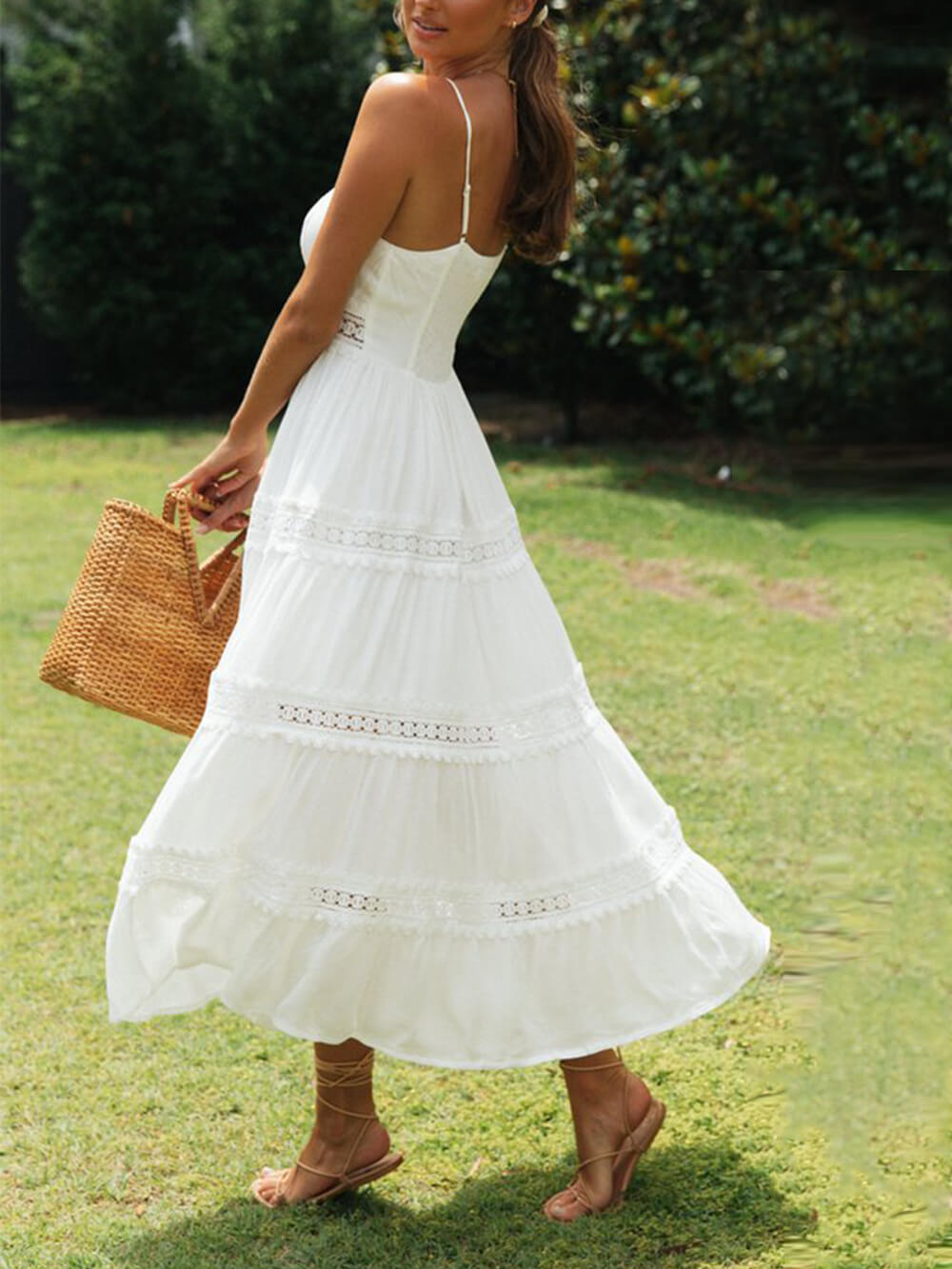 Solid Color Lace Suspender Midi Dress