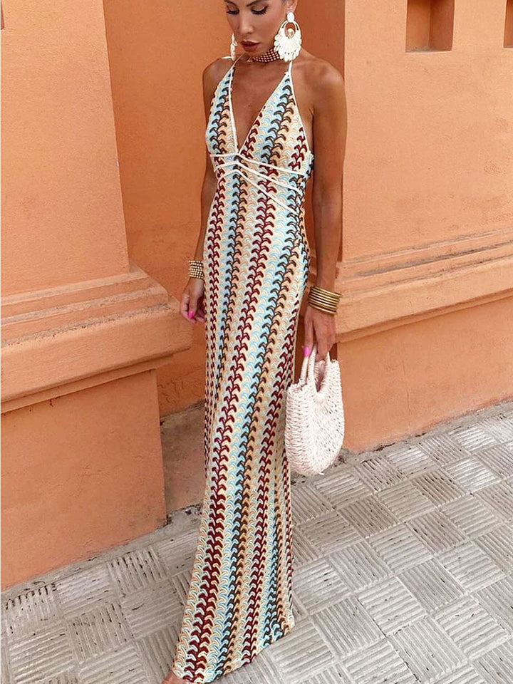 Mayfair Boho Pattern Knit Slim-Fit Vacation Maxi Dress