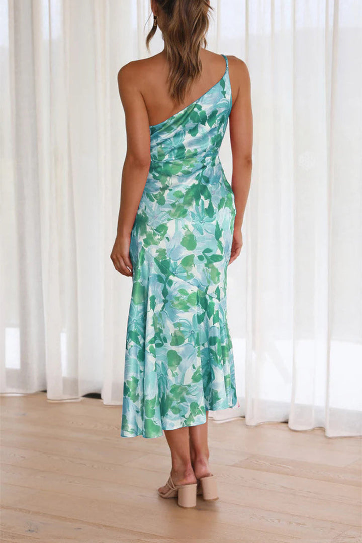 Floral One Shoulder Satin Dress