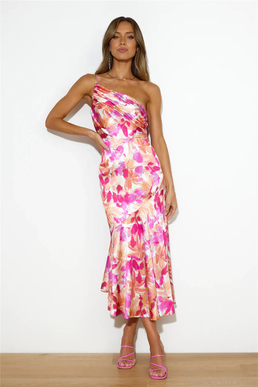 Floral One Shoulder Satin Dress