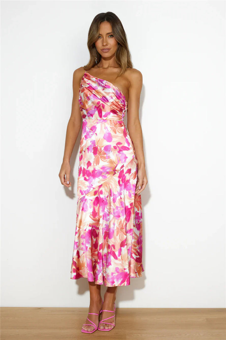 Floral One Shoulder Satin Dress