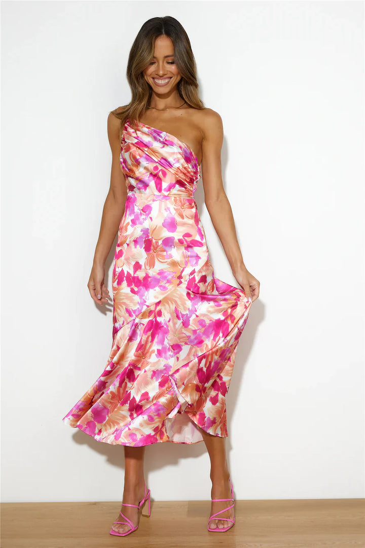 Floral One Shoulder Satin Dress