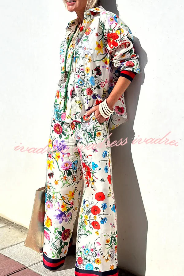 Fabulous Fiesta Satin Floral Unique Print Elastic Waist Pocketed Wide Leg Pants