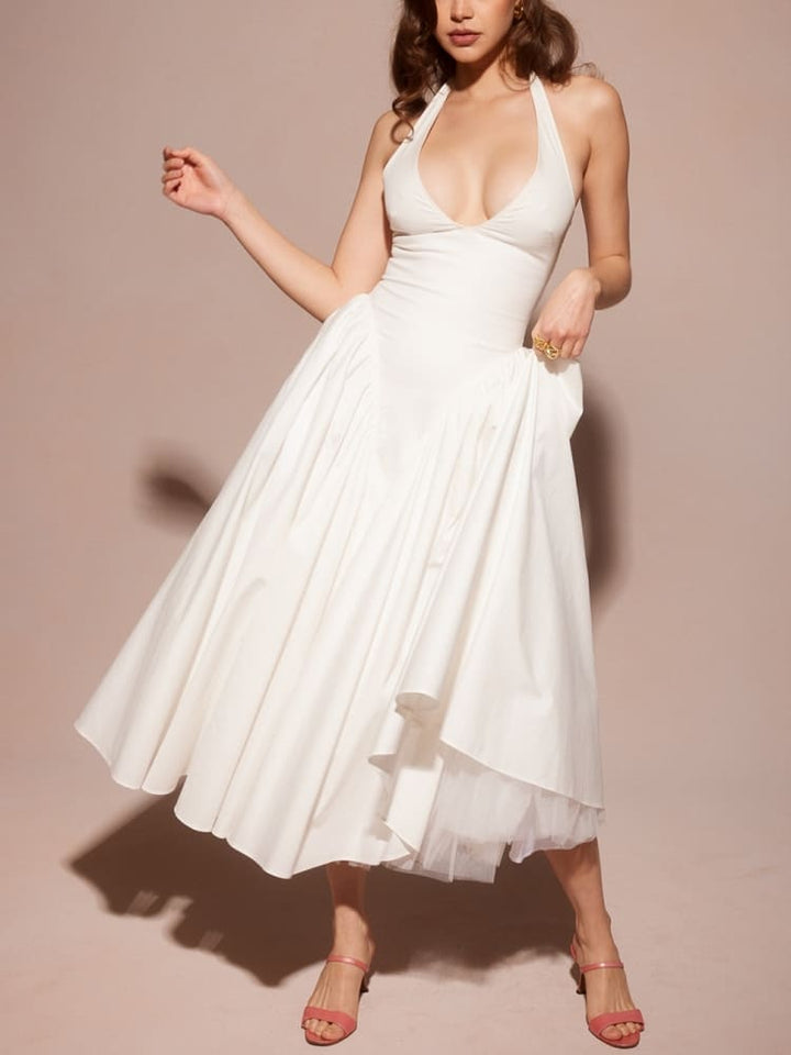 Marilyn | White Cotton Halter Midi Sundress