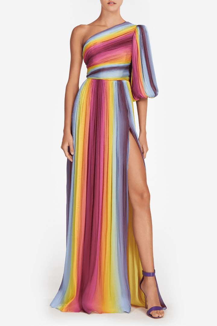 Rainbow Print Off-Shoulder Maxi Dress