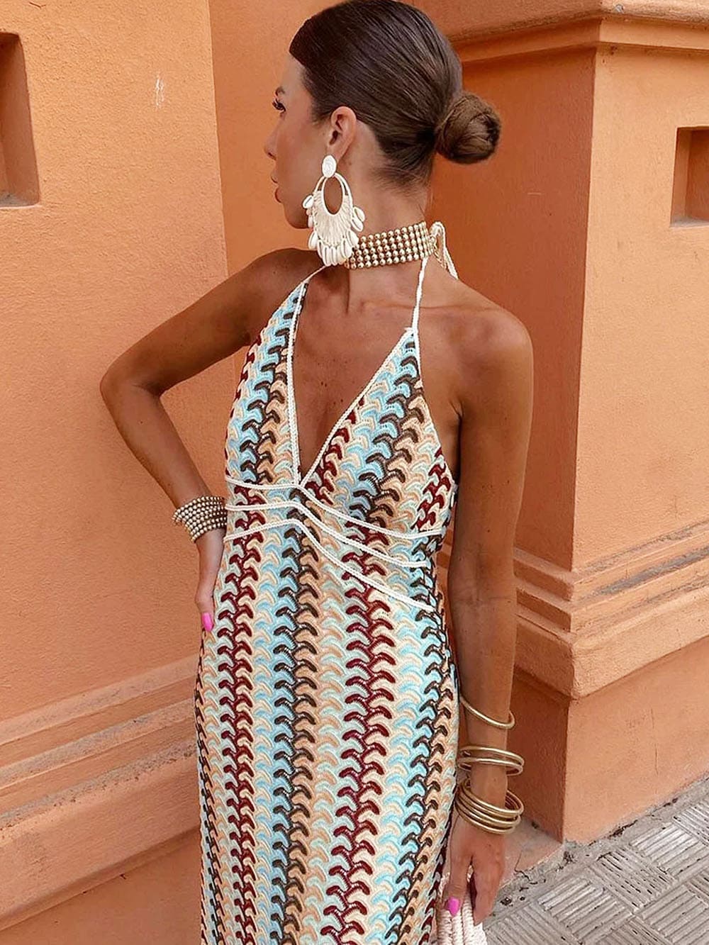 Mayfair Boho Pattern Knit Slim-Fit Vacation Maxi Dress