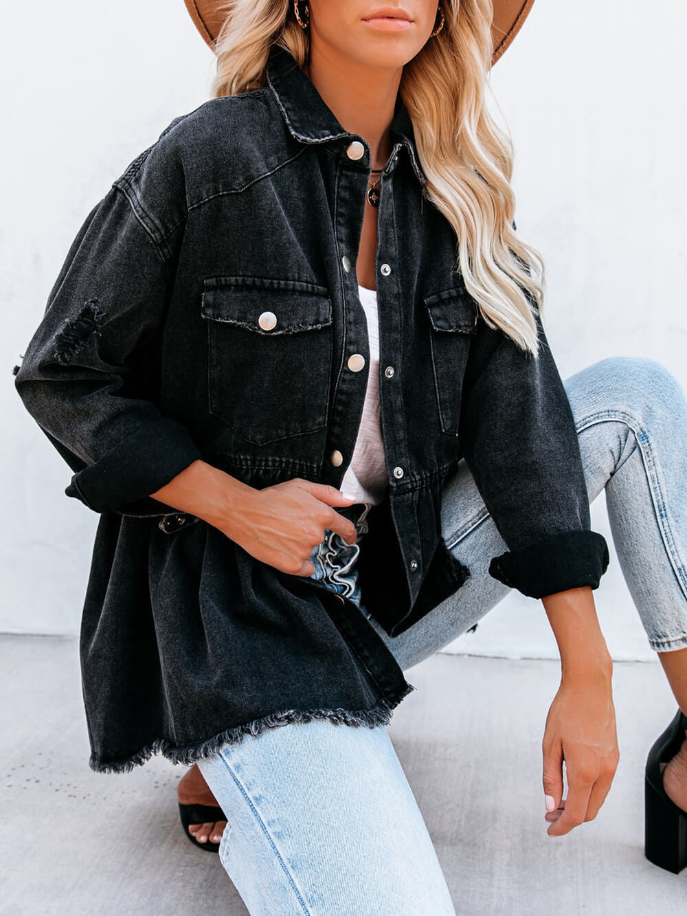 Distressed Denim Button Down Shirt Jacket