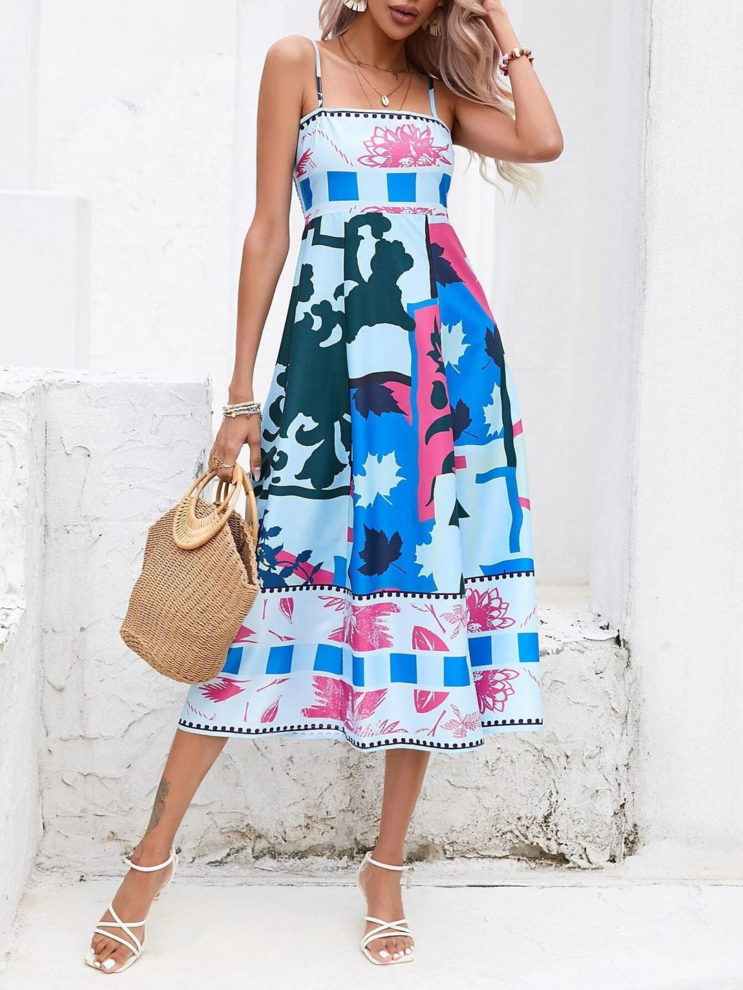 Abstract Patchwork Slip Maxi Dress