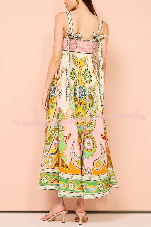 Summer Serenade Linen Blend Unique Print Tie-up Strap Smocked Pocketed Maxi Dress