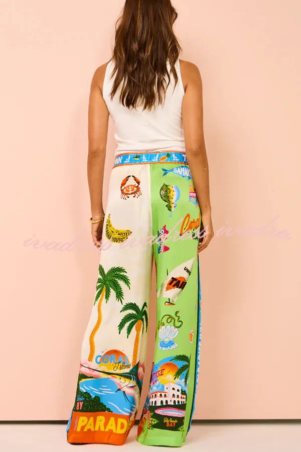 Kissed By The Sun Satin Unique Print Colorblock Elastic Waist Pocketed Wide Leg Pants