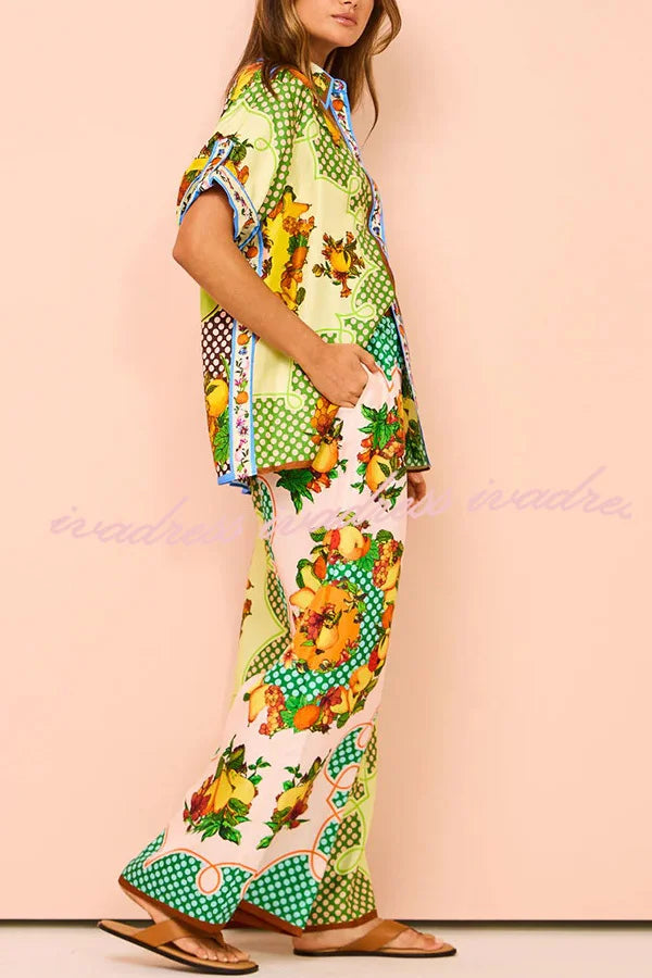 Enjoy Summer Lemon Satin Unique Print Elastic Waist Pocketed Wide Leg Pants