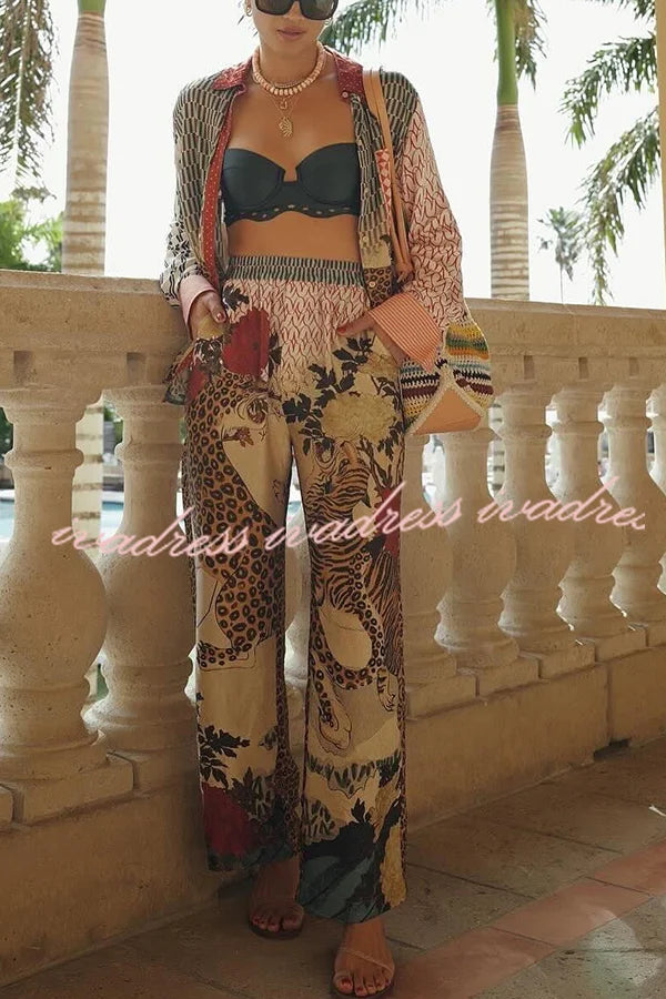 Tropical Jungle Tiger Unique Print Long Sleeve Loose Shirt and Elastic Waist Pants Set