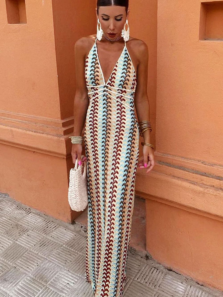 Mayfair Boho Pattern Knit Slim-Fit Vacation Maxi Dress