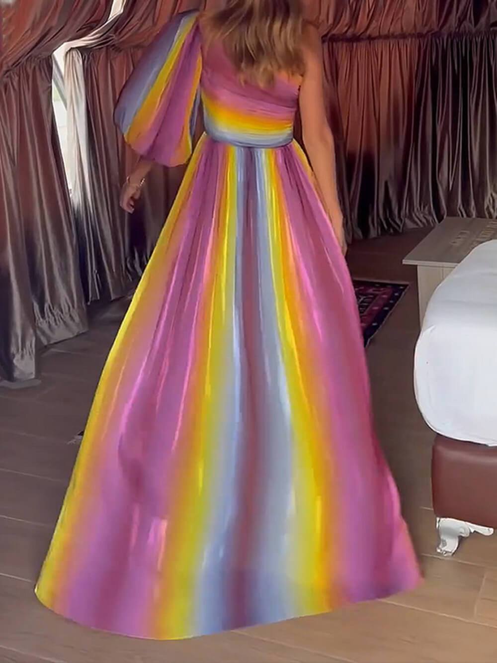 Rainbow Print Off-Shoulder Maxi Dress