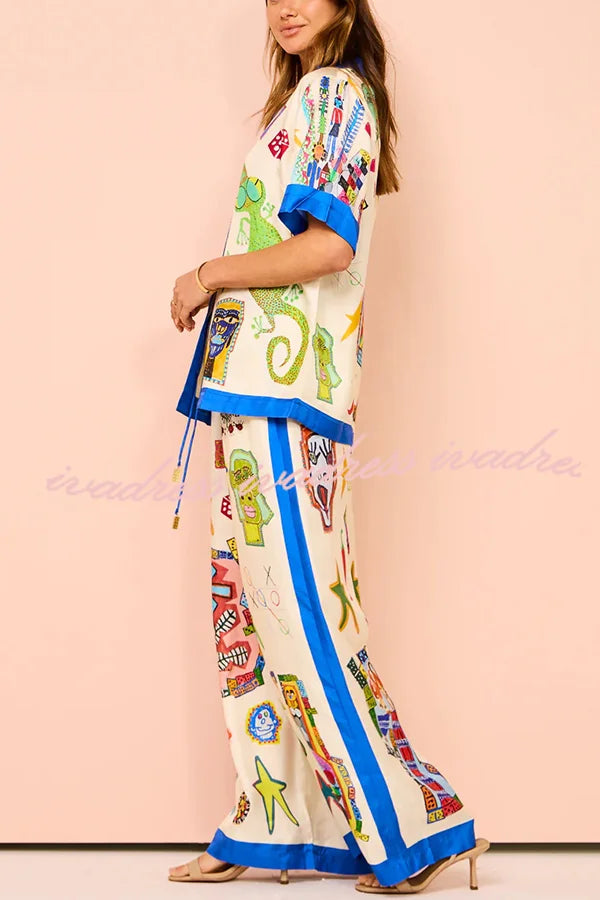 Vibrant Beach Satin Unique Print Colorblock Trim Elastic Waist Pocketed Wide Leg Pants