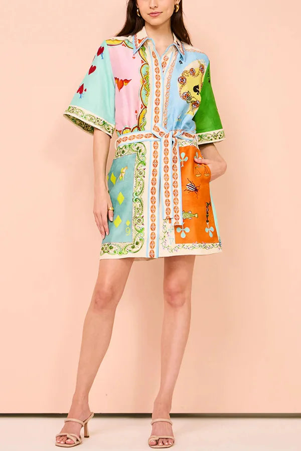 Linen Blend Unique Printed Short Sleeved Pocket Tie Waist Mini Dress