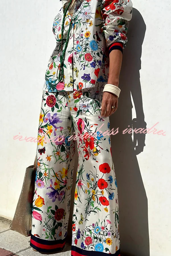 Fabulous Fiesta Satin Floral Unique Print Elastic Waist Pocketed Wide Leg Pants