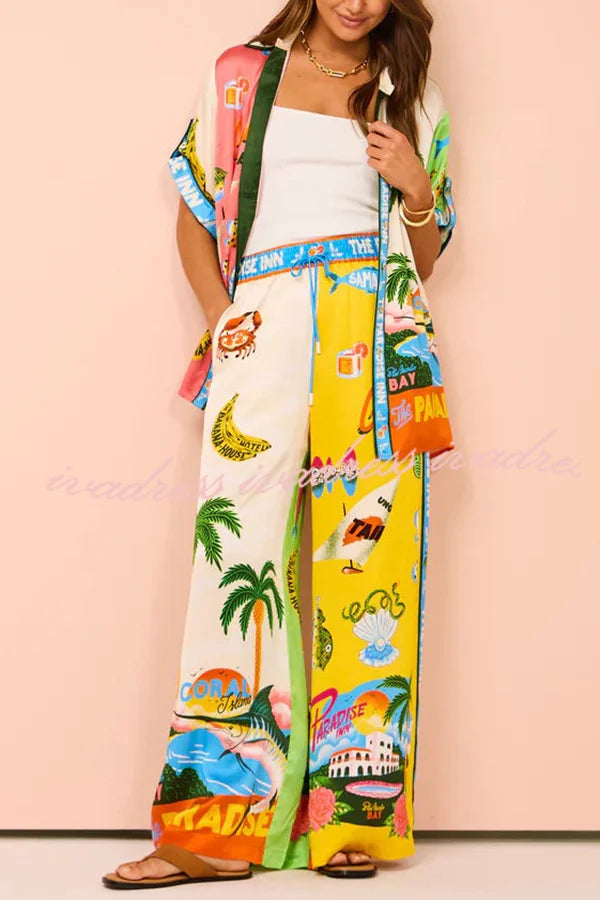 Kissed By The Sun Satin Unique Print Colorblock Elastic Waist Pocketed Wide Leg Pants