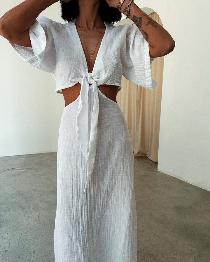 Lace-up exposed waist cotton and linen dress