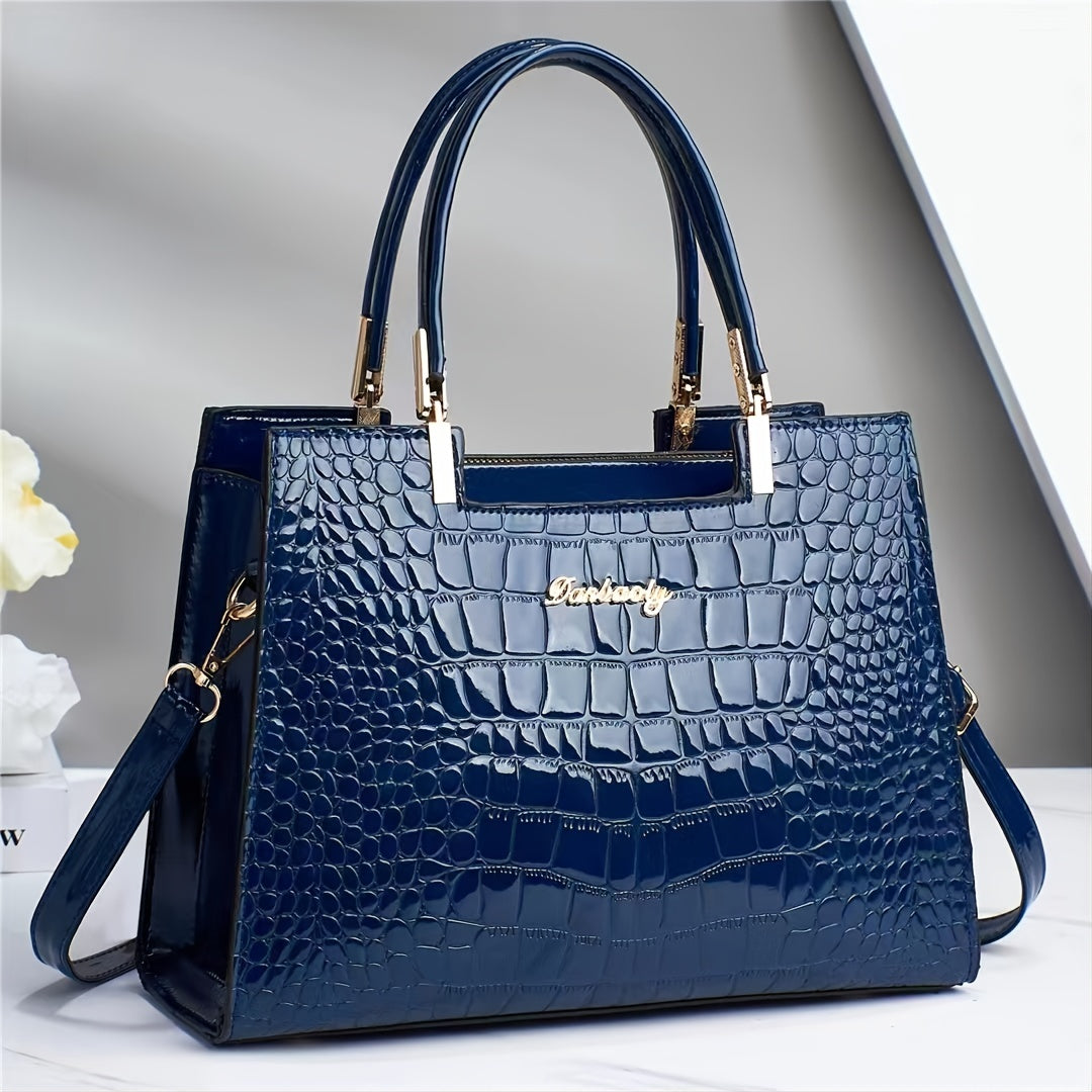 Hanna™ - Shiny Leather Handbag with Crocodile Pattern