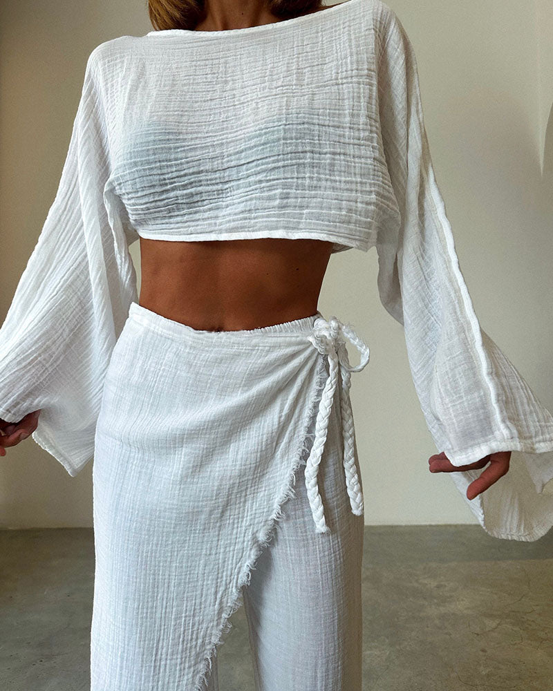 Woven lace-up cotton and linen two-piece set