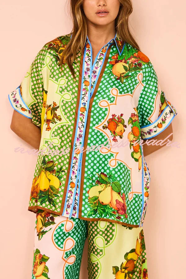 Enjoy Summer Lemon Satin Unique Print Button Down Oversized Blouse