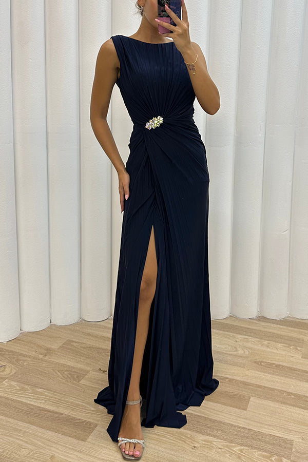 Pleated Embellished Slit Maxi Dress