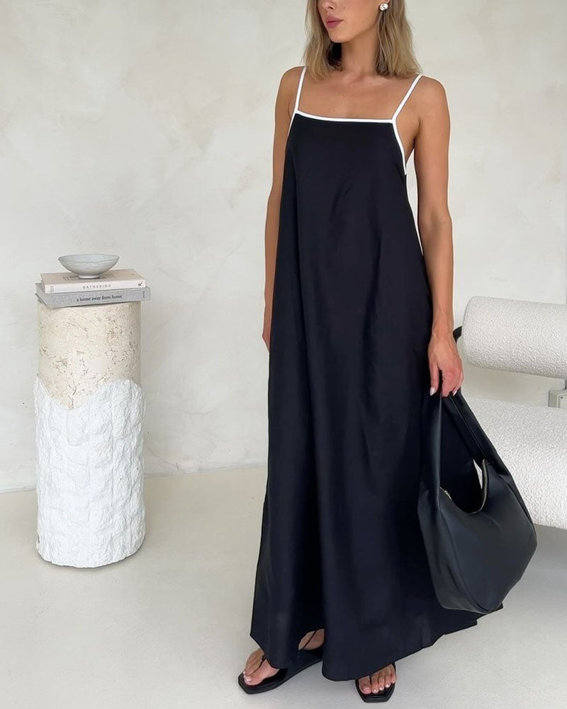 Fashion Contrast Cotton And Linen Sling Dress