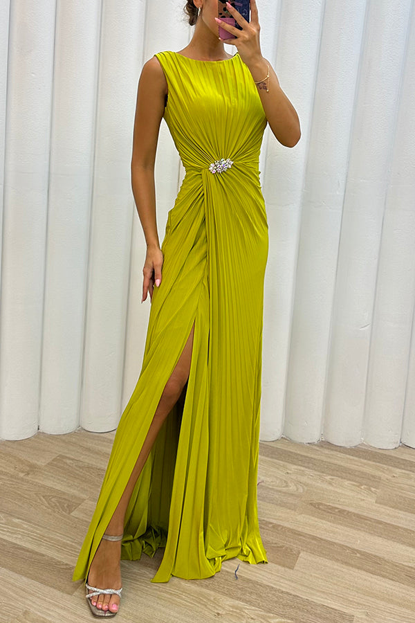 Pleated Embellished Slit Maxi Dress