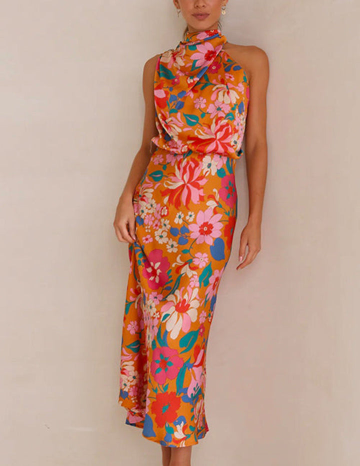 Floral Halter Neck Elastic Waist Maxi Dress