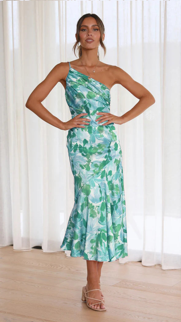 Floral One Shoulder Satin Dress