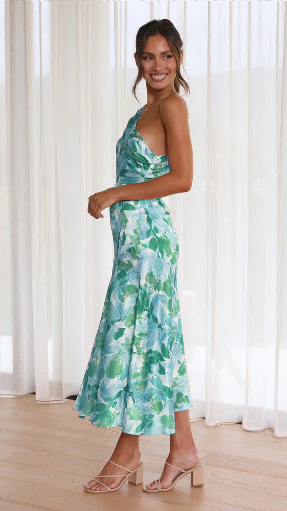 Floral One Shoulder Satin Dress