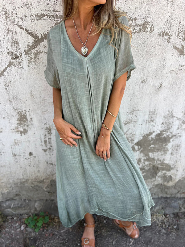 Clara - Cotton and Linen V-neck Midi Dress