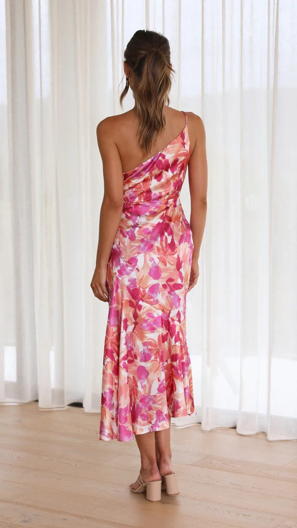 Floral One Shoulder Satin Dress