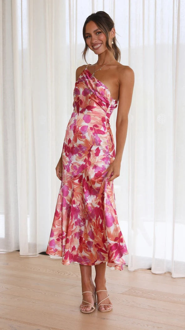 Floral One Shoulder Satin Dress