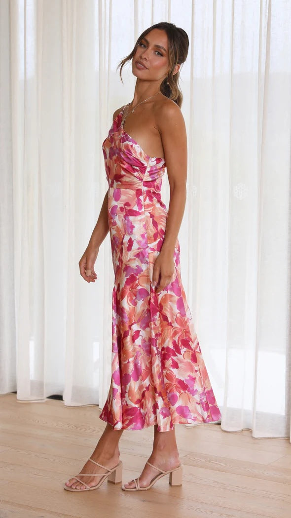 Floral One Shoulder Satin Dress