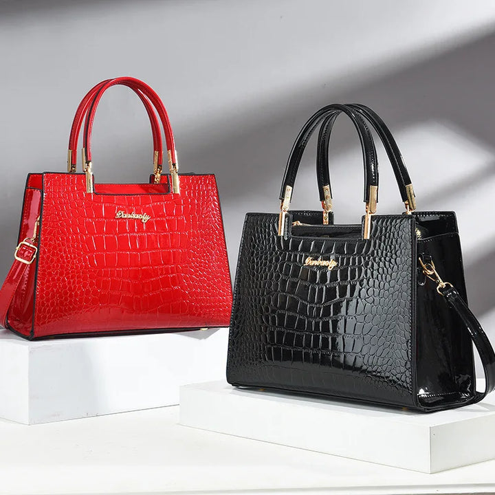 Hanna™ - Shiny Leather Handbag with Crocodile Pattern