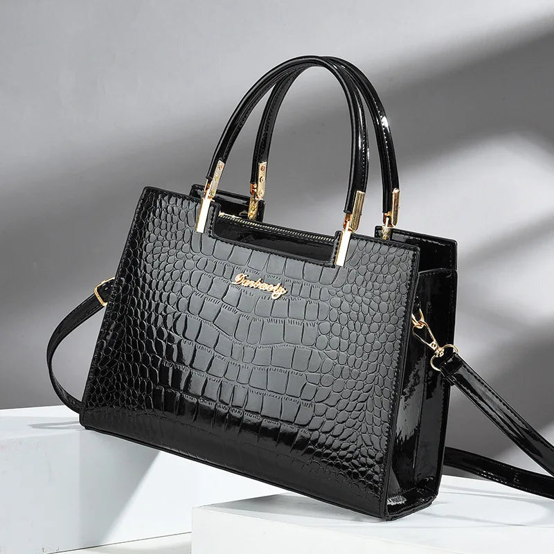 Hanna™ - Shiny Leather Handbag with Crocodile Pattern