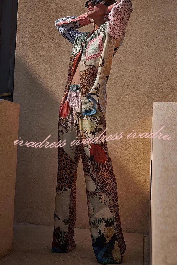 Tropical Jungle Tiger Unique Print Long Sleeve Loose Shirt and Elastic Waist Pants Set