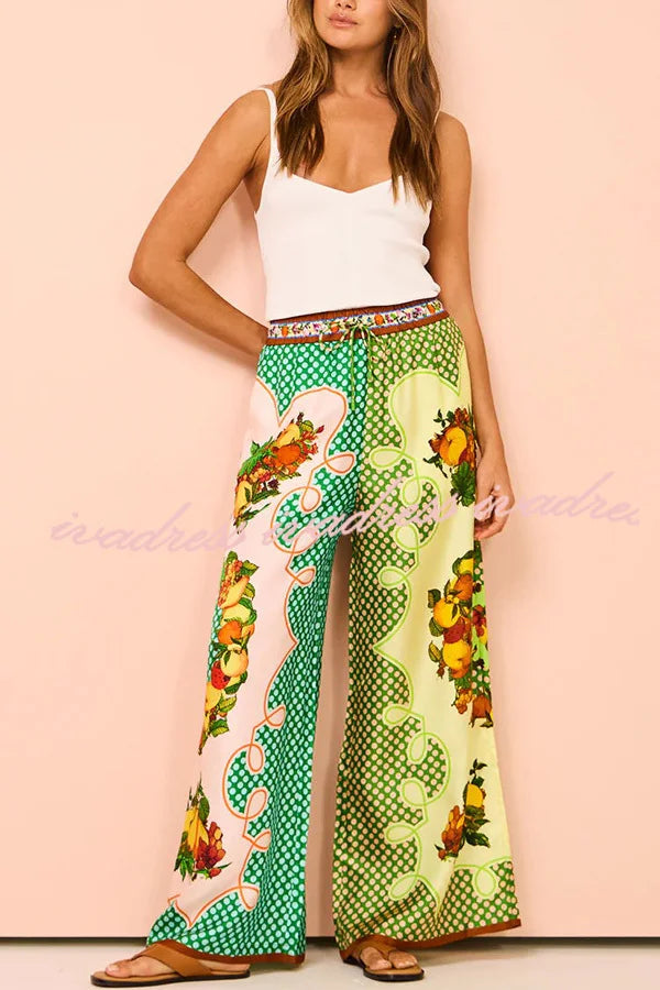 Enjoy Summer Lemon Satin Unique Print Elastic Waist Pocketed Wide Leg Pants