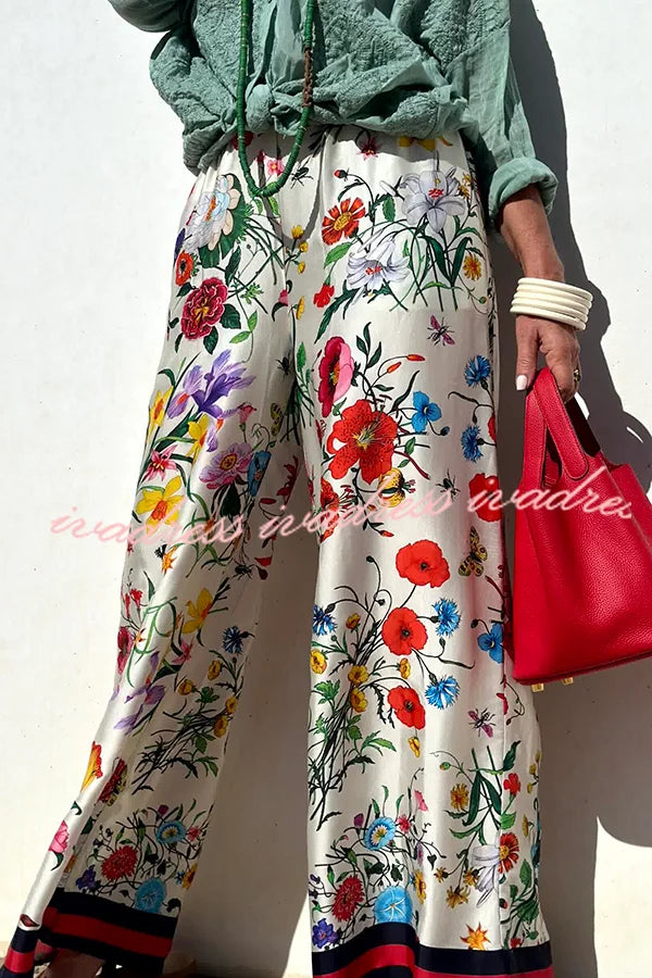 Fabulous Fiesta Satin Floral Unique Print Elastic Waist Pocketed Wide Leg Pants