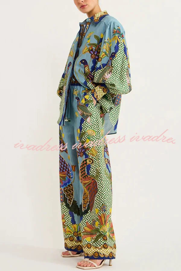 Smyrna Unique Heaven Bird Print Elastic Waist Pocketed Wide Leg Pants