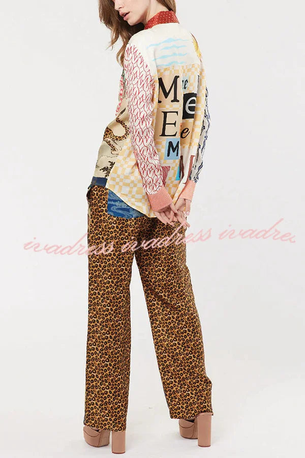 Tropical Jungle Tiger Unique Print Long Sleeve Loose Shirt and Elastic Waist Pants Set