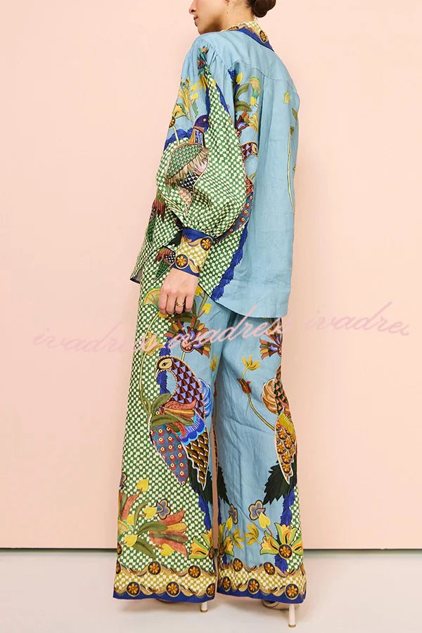 Sun Seeking Unique Heaven Bird Print Balloon Sleeve Button Loose Shirt