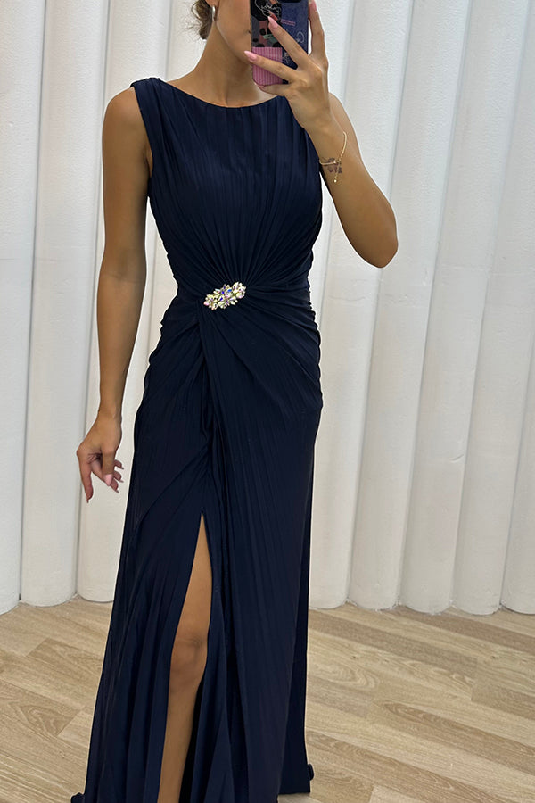 Pleated Embellished Slit Maxi Dress